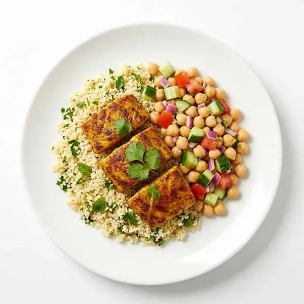 Moroccan Spiced Fish with Herbed Couscous & Chickpea Salad